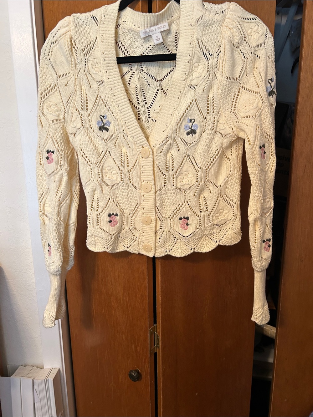 Chelsea & Violet Cream Pointelle Cardigan with Pink & Blue Floral Details